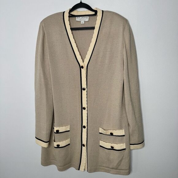 St. John wool blend tan cardigan sweater size large - Picture 1 of 7